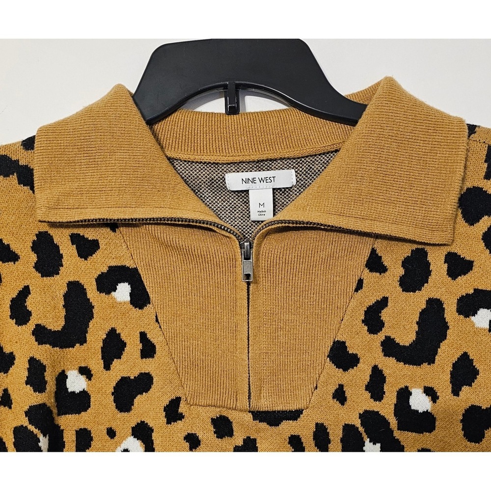 Nine West Womens Leopard Print Quarter Zip Sweater Mustard Yellow Black‎ Size M - Picture 3 of 5